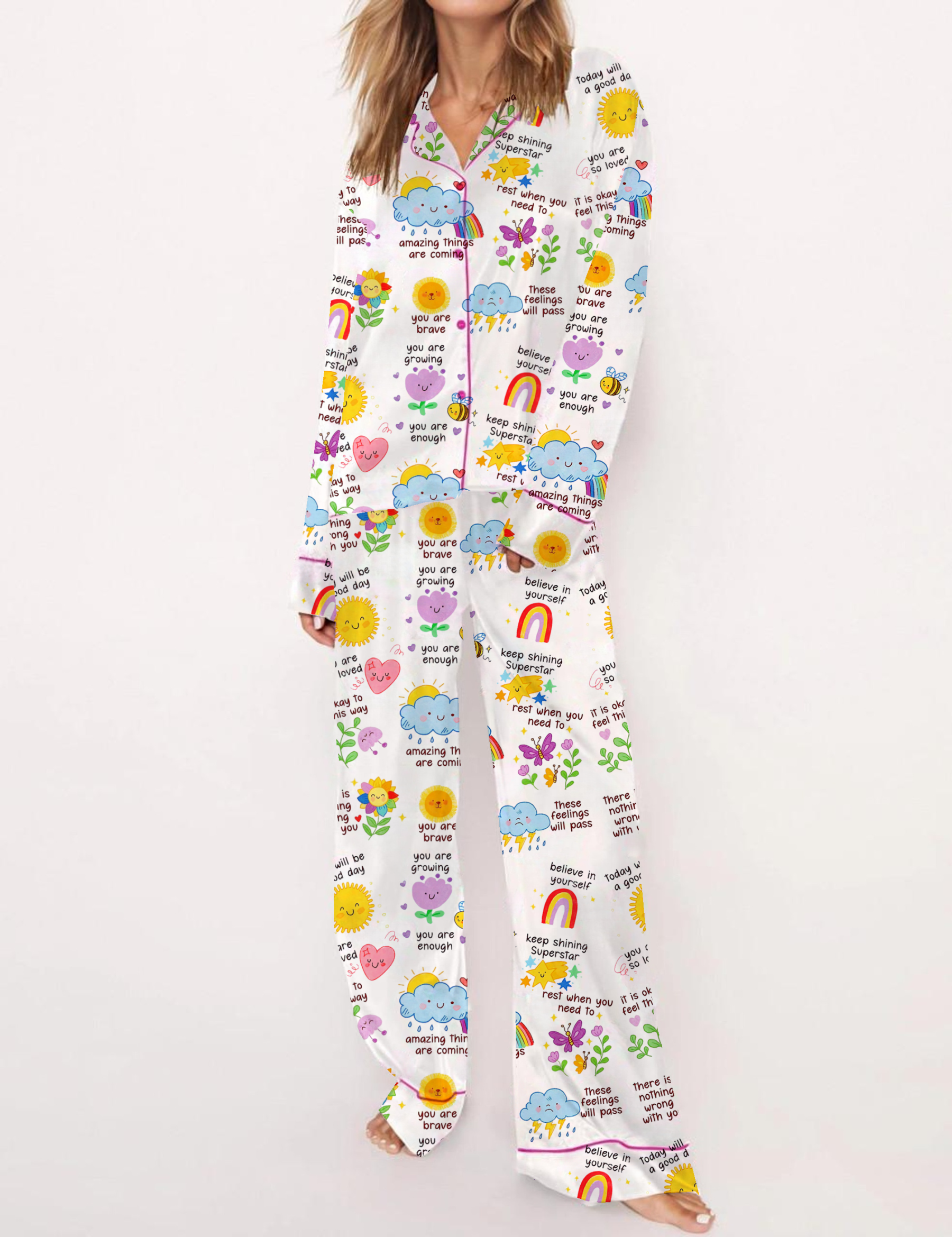 Daily Therapy Positive Affirmations Silky Satin Pajama Set For Women