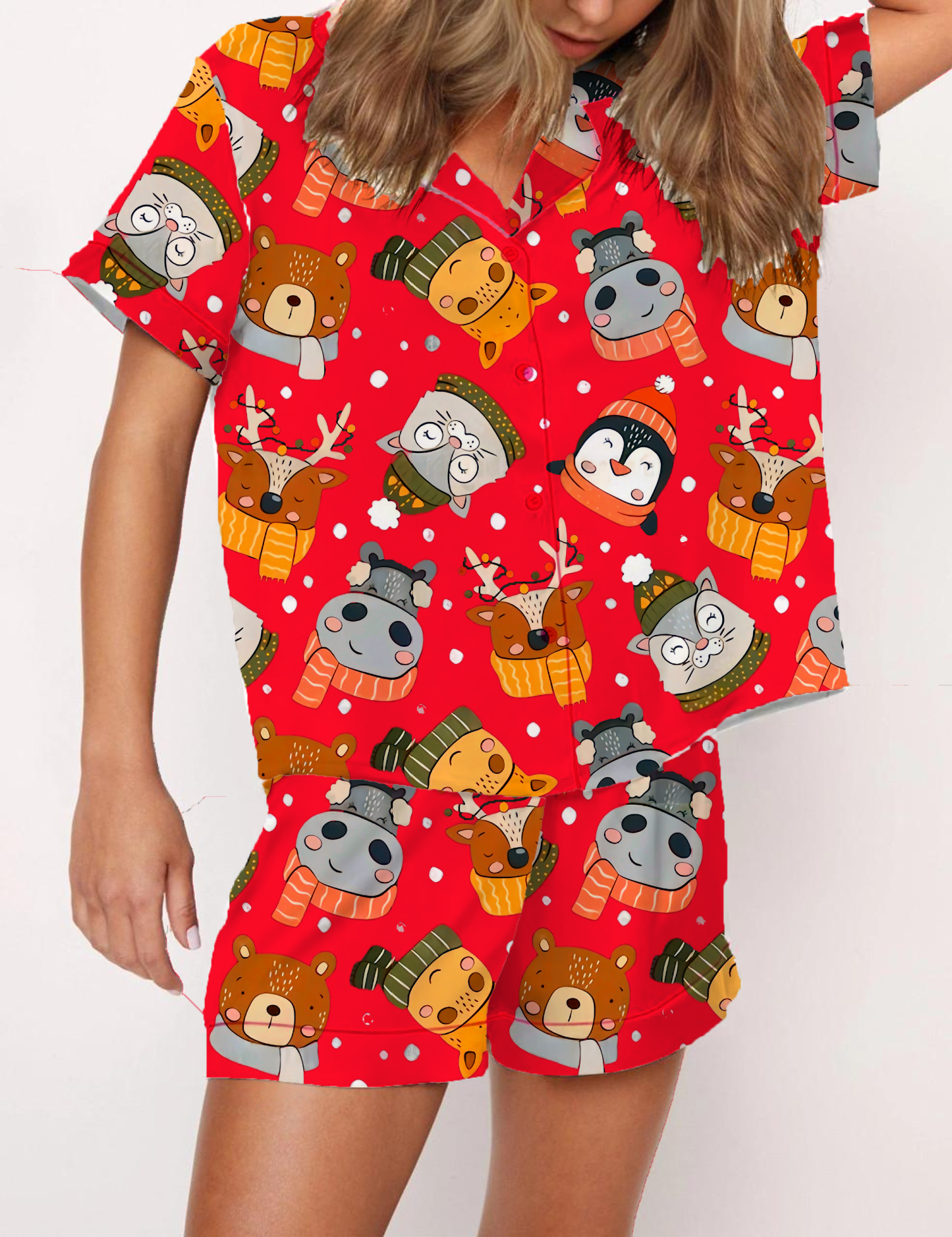 Christmas Cartoon Animals Silky Satin Pajama Short Set For Women