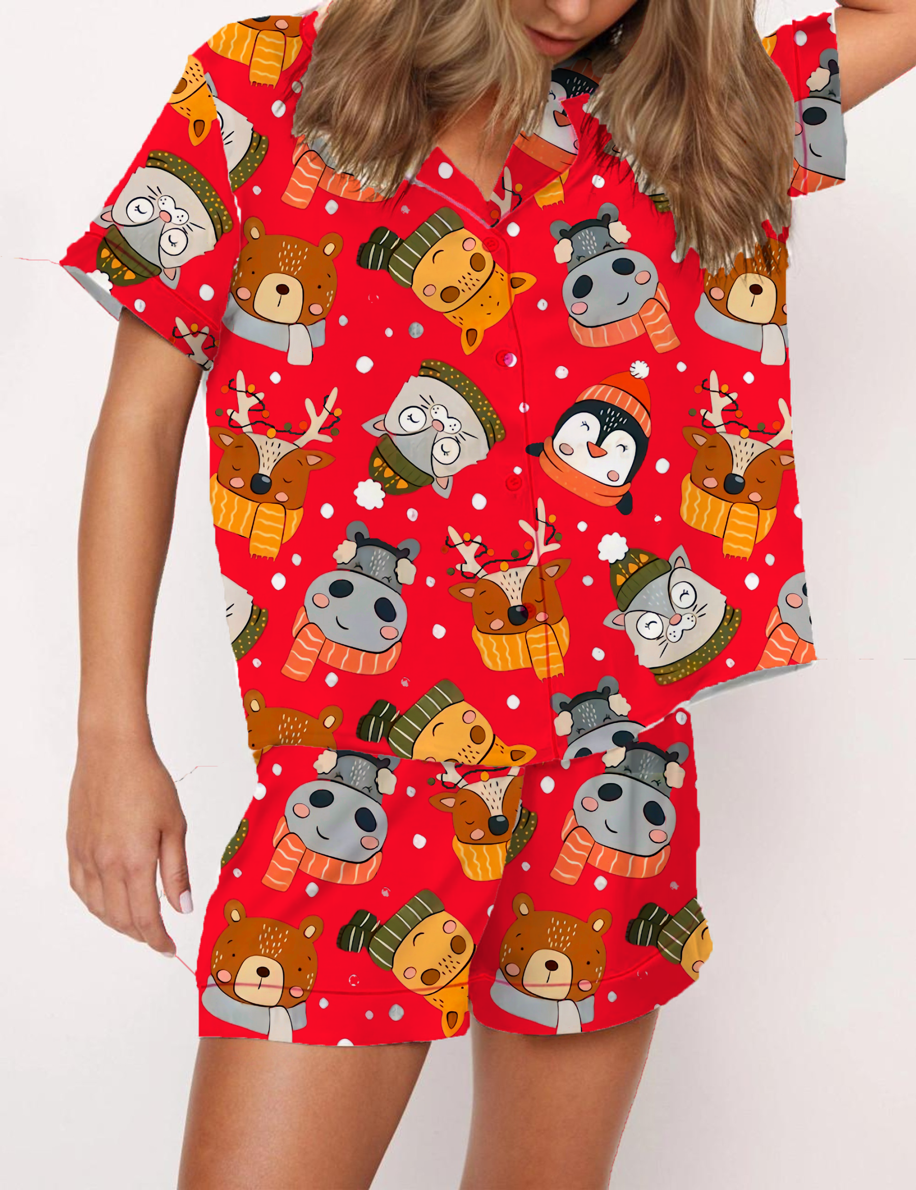 Christmas Cartoon Animals Silky Satin Pajama Short Set For Women