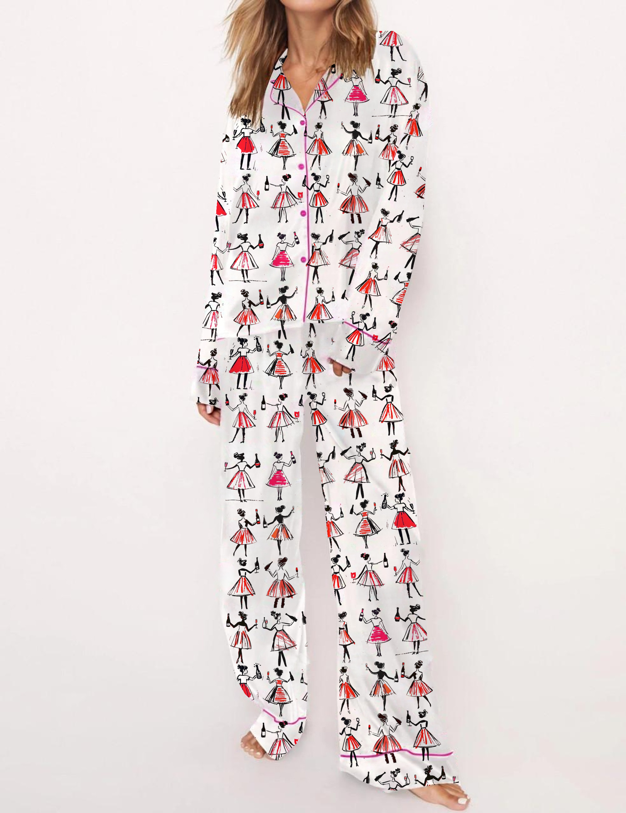 Whimsical Wine Silky Satin Pajama Set For Women