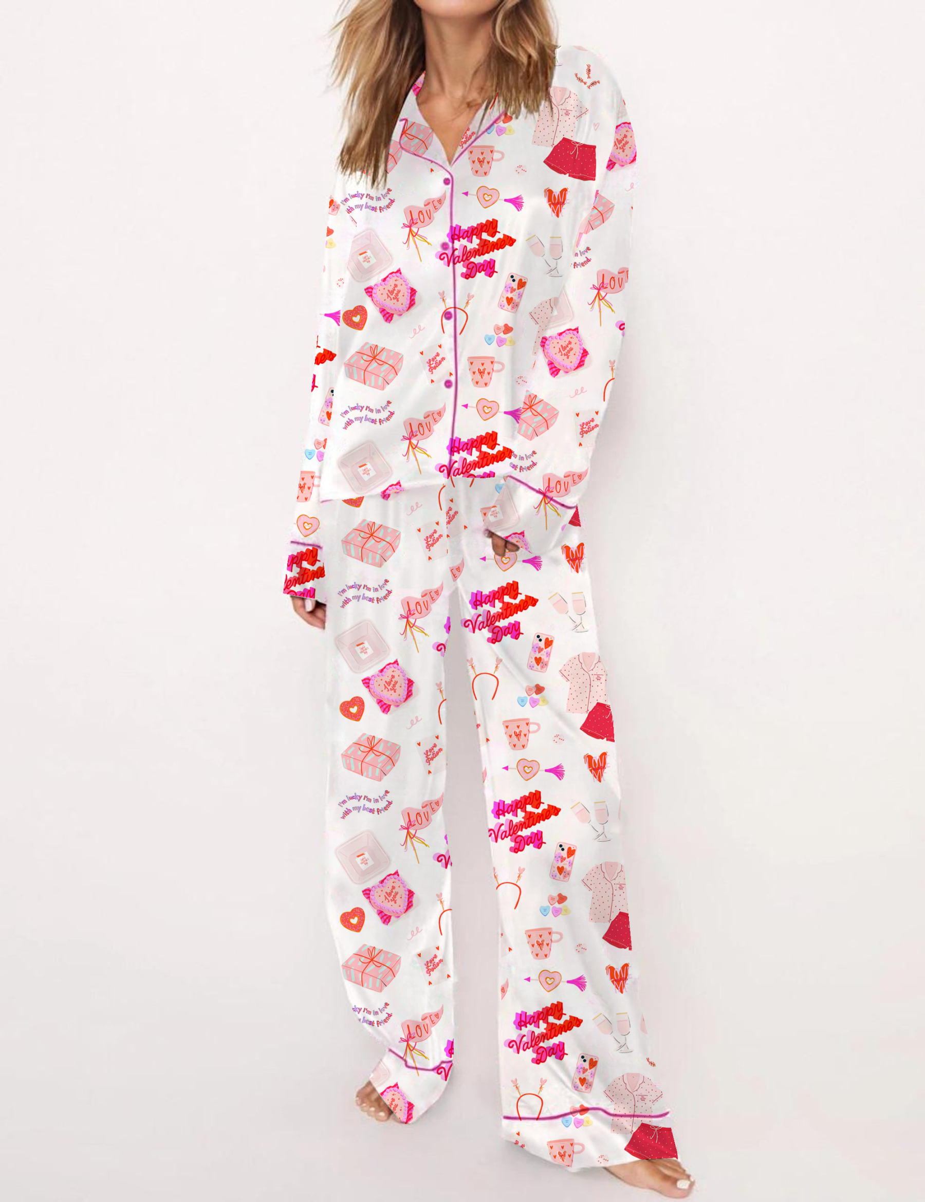 Valentine‘s Day Girl and Love Quotes Silky Satin Pajama Set For Women