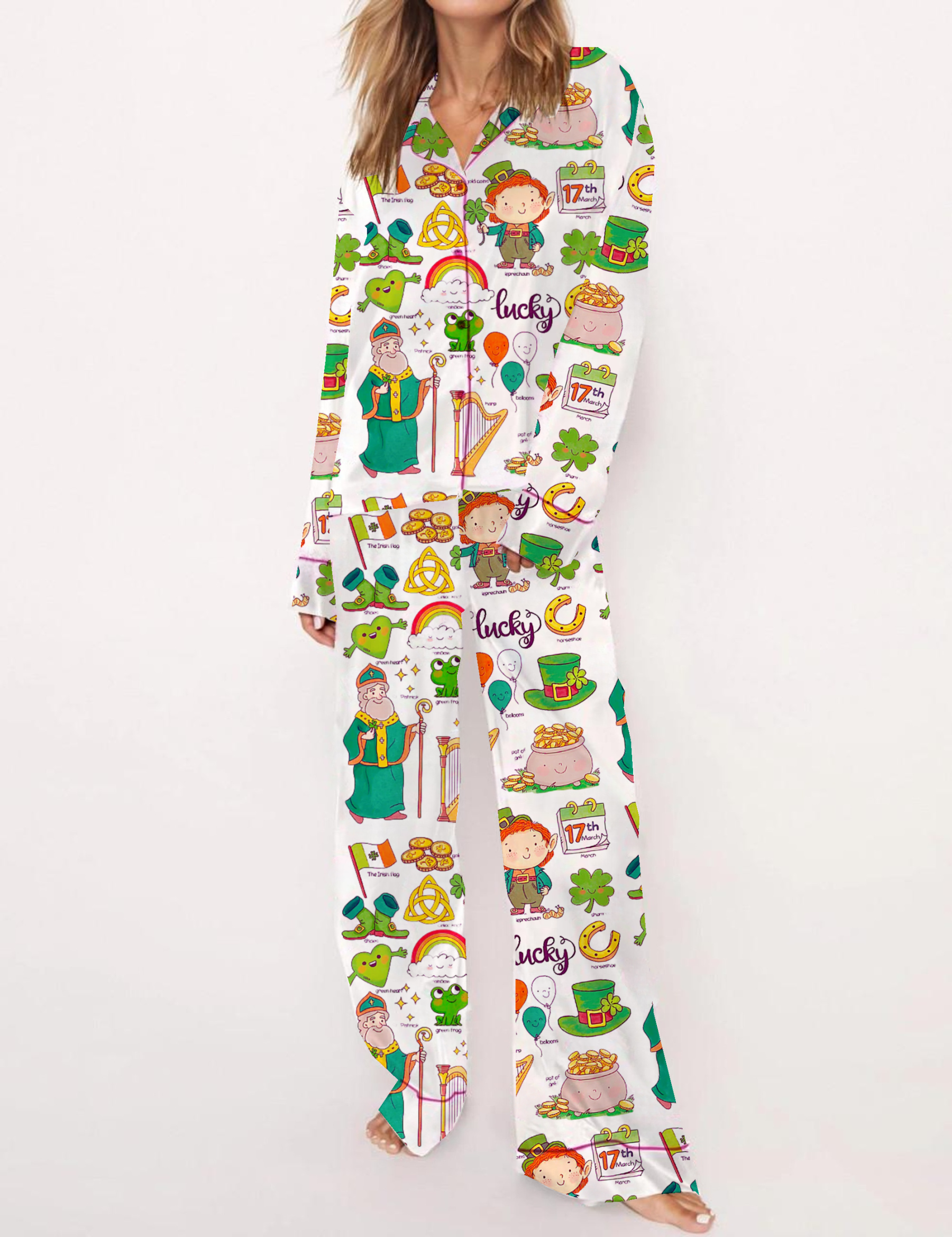 St.Patrick's Day Silky Satin Pajama Short Set For Women