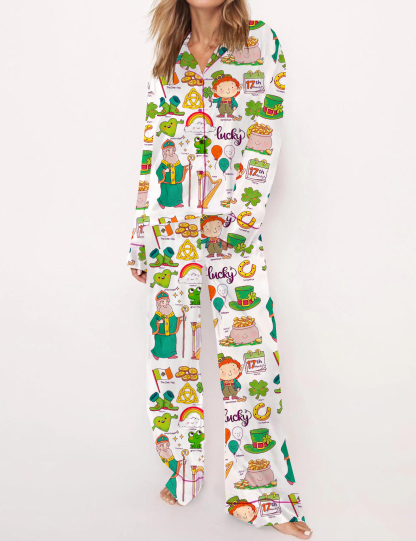 St.Patrick's Day Silky Satin Pajama Short Set For Women