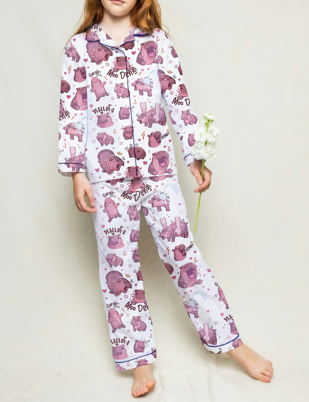 Moo Deng Baby Kid's Silky Satin Pajama Set 