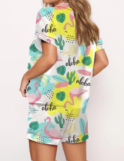 Tropical Flamingo Cactus Print Satin Pajama Short Set