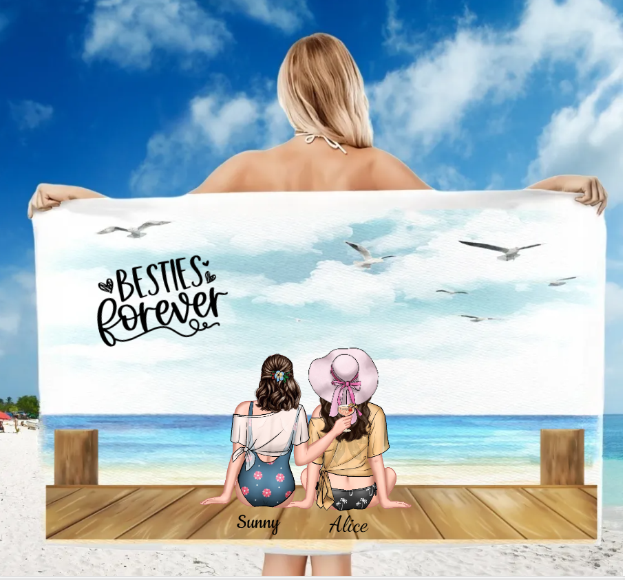 Personalized Best Friend Caption "Besties Forever" Beach Towel  Best Friend Gift For Her