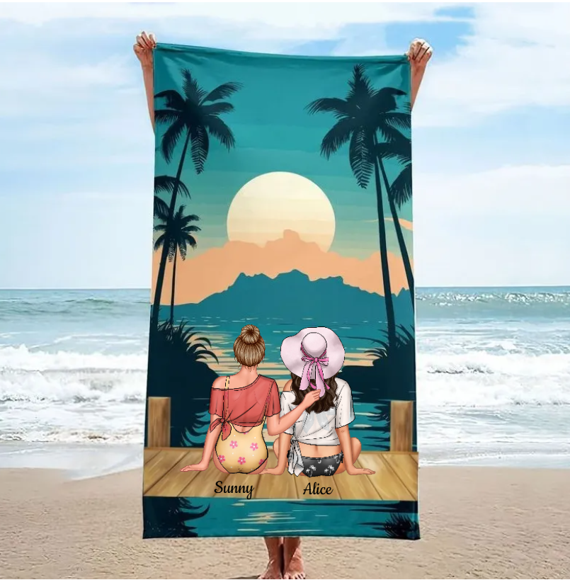 Personalized Oversized Quick Dry Microfiber Hawaiian Sunset Best Friend Caption "Better together" Beach Towel  Best Friend Gift For Her