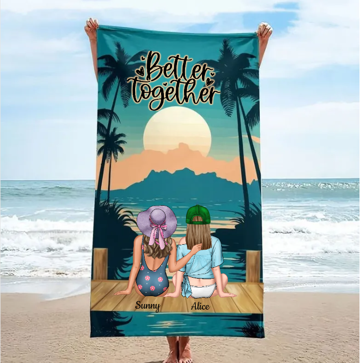 Personalized Oversized Quick Dry Microfiber Hawaiian Sunset Best Friend Caption "Better together" Beach Towel  Best Friend Gift For Her