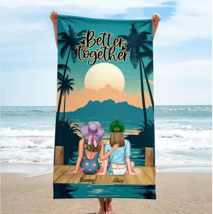 Personalized Oversized Quick Dry Microfiber Hawaiian Sunset Best Friend Caption "Better together" Beach Towel  Best Friend Gift For Her