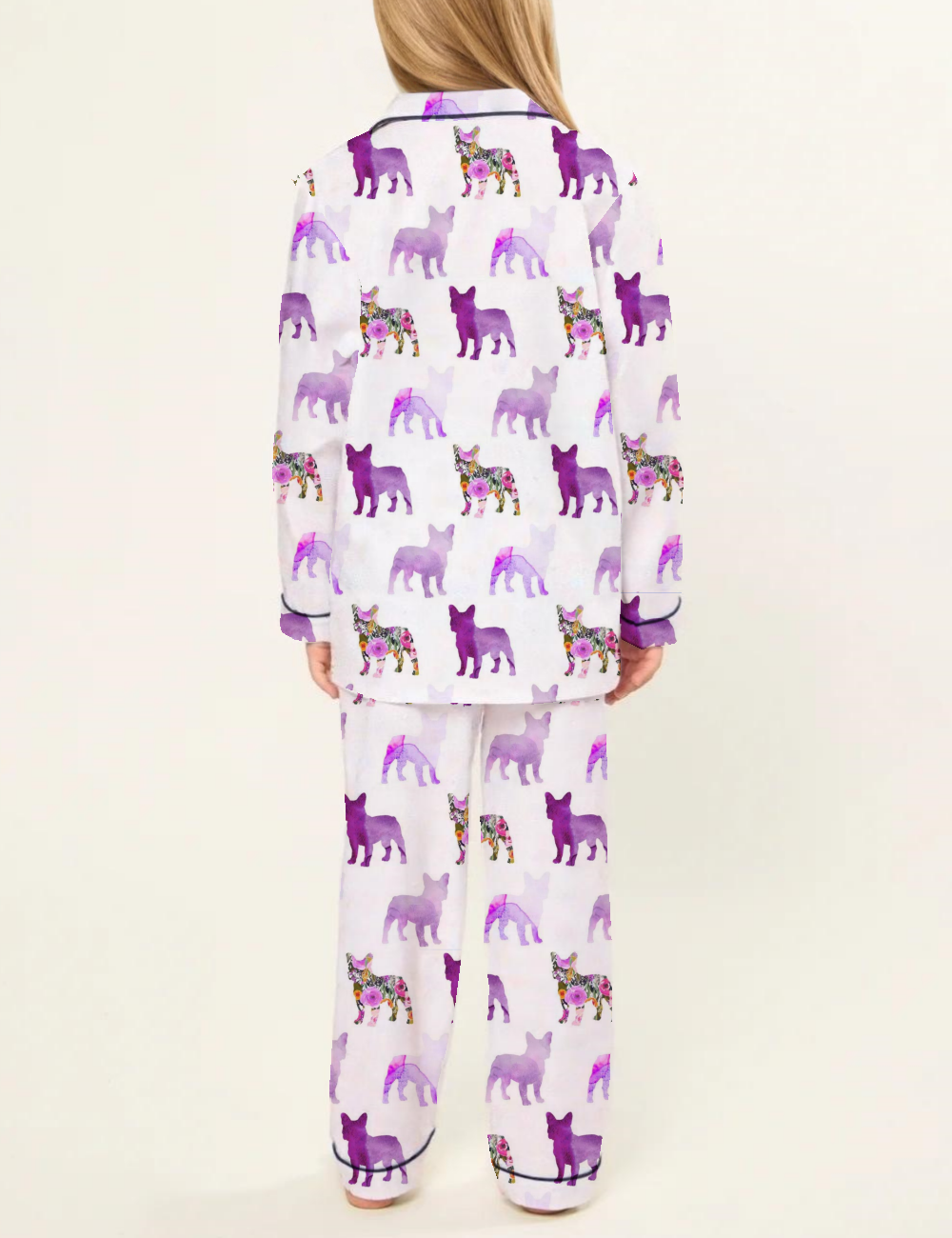 Purple Watercolor Floral French Bulldogs Kid's Silky Satin Pajama Set 