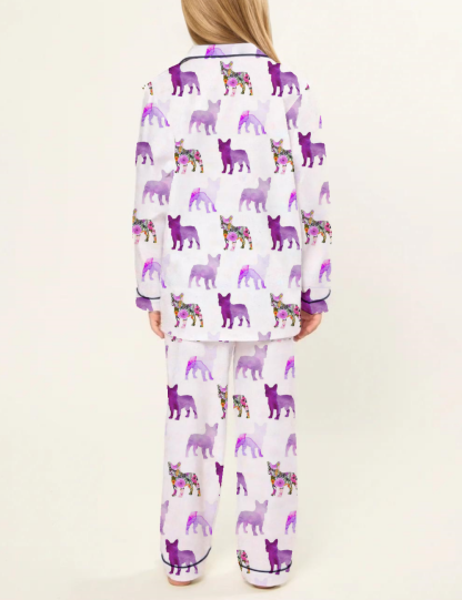 Purple Watercolor Floral French Bulldogs Kid's Silky Satin Pajama Set 