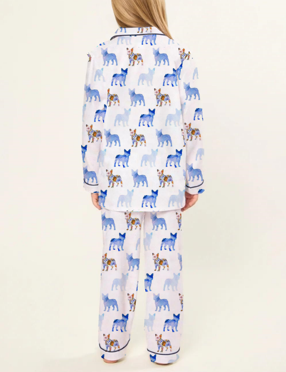 Blue Watercolor Floral French Bulldogs Kid's Silky Satin Pajama Set 