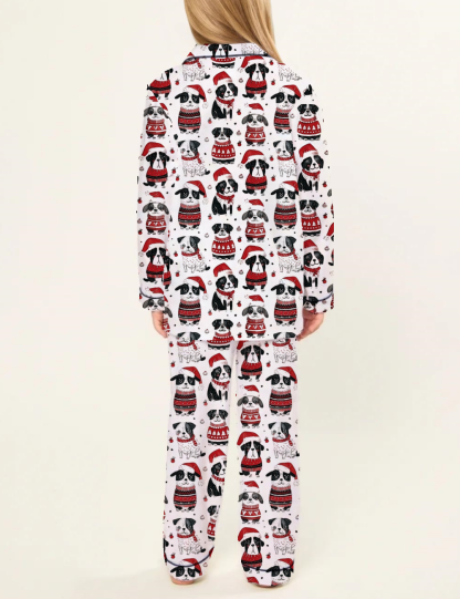 Cute Dogs In Santa Hats Kid's Silky Satin Pajama Set 