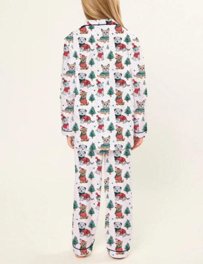 Cute Dogs In Santa Hats Kid's Silky Satin Pajama Set 