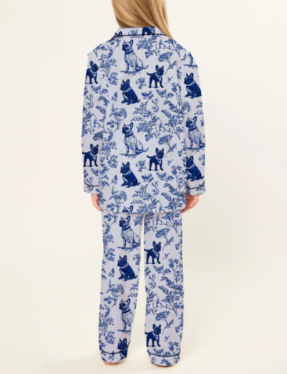 French Bulldogs Toile Kid's Silky Satin Pajama Set 
