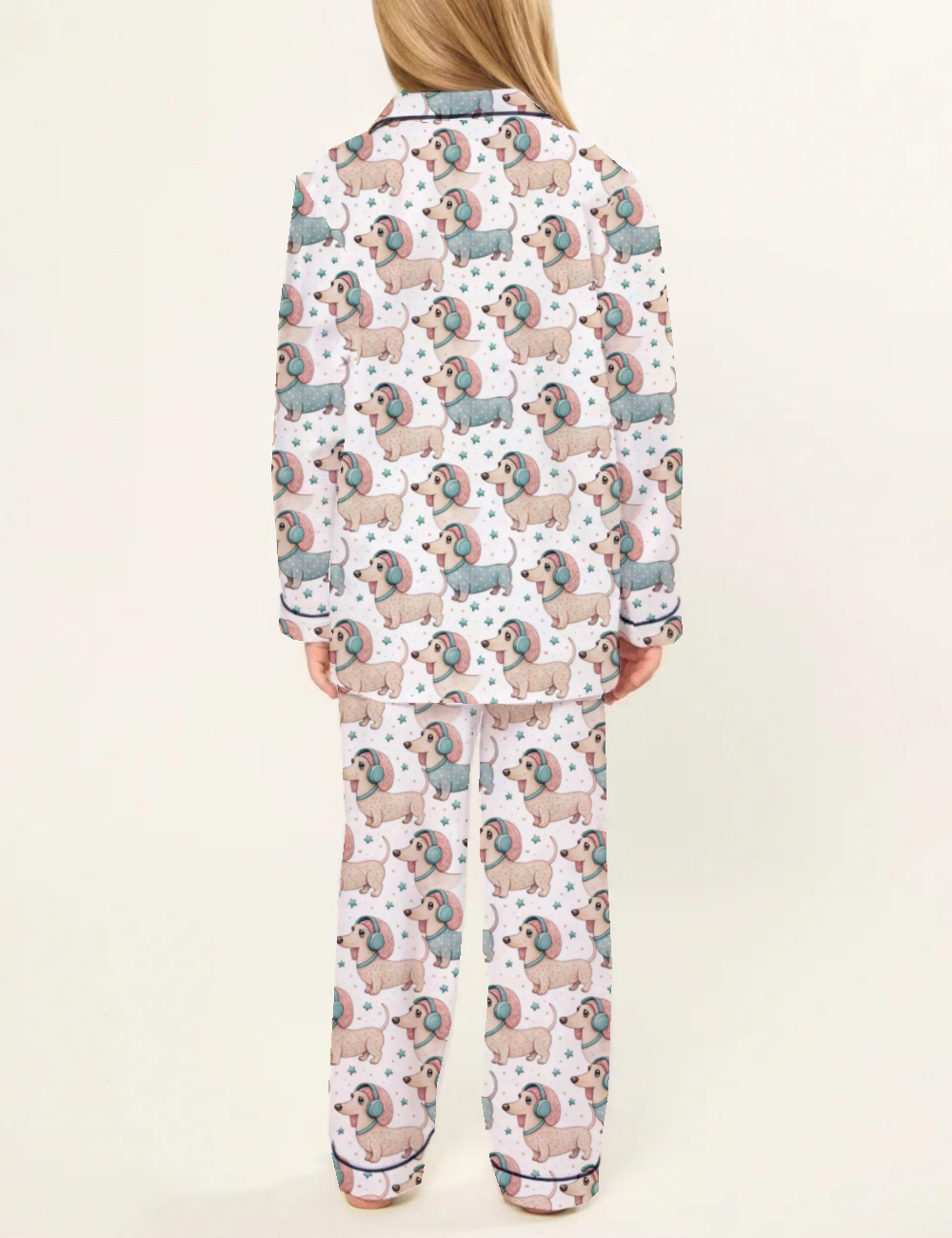 Cheerful Dog Wearing Headphones Kid's Silky Satin Pajama Set 