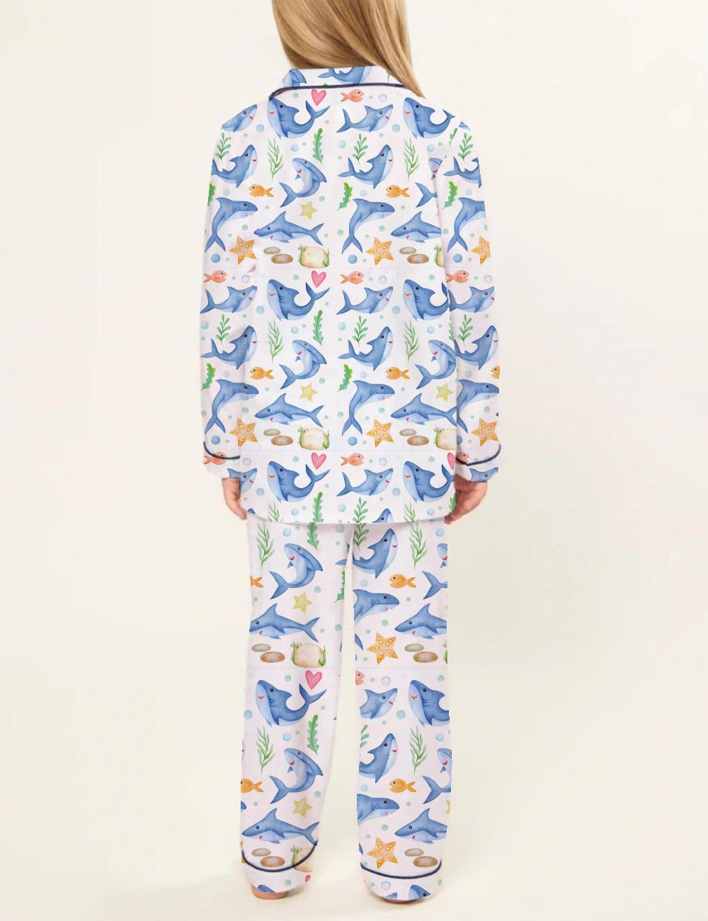 Cartoon Shark Marine Life Theme Kid's Silky Satin Pajama Set 