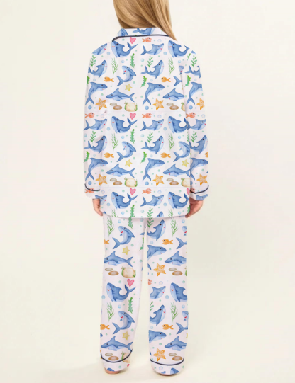Cartoon Shark Marine Life Theme Kid's Silky Satin Pajama Set 