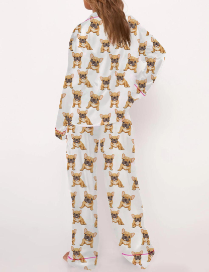 French Bulldog Silky Satin Pajama Pants Set For Women