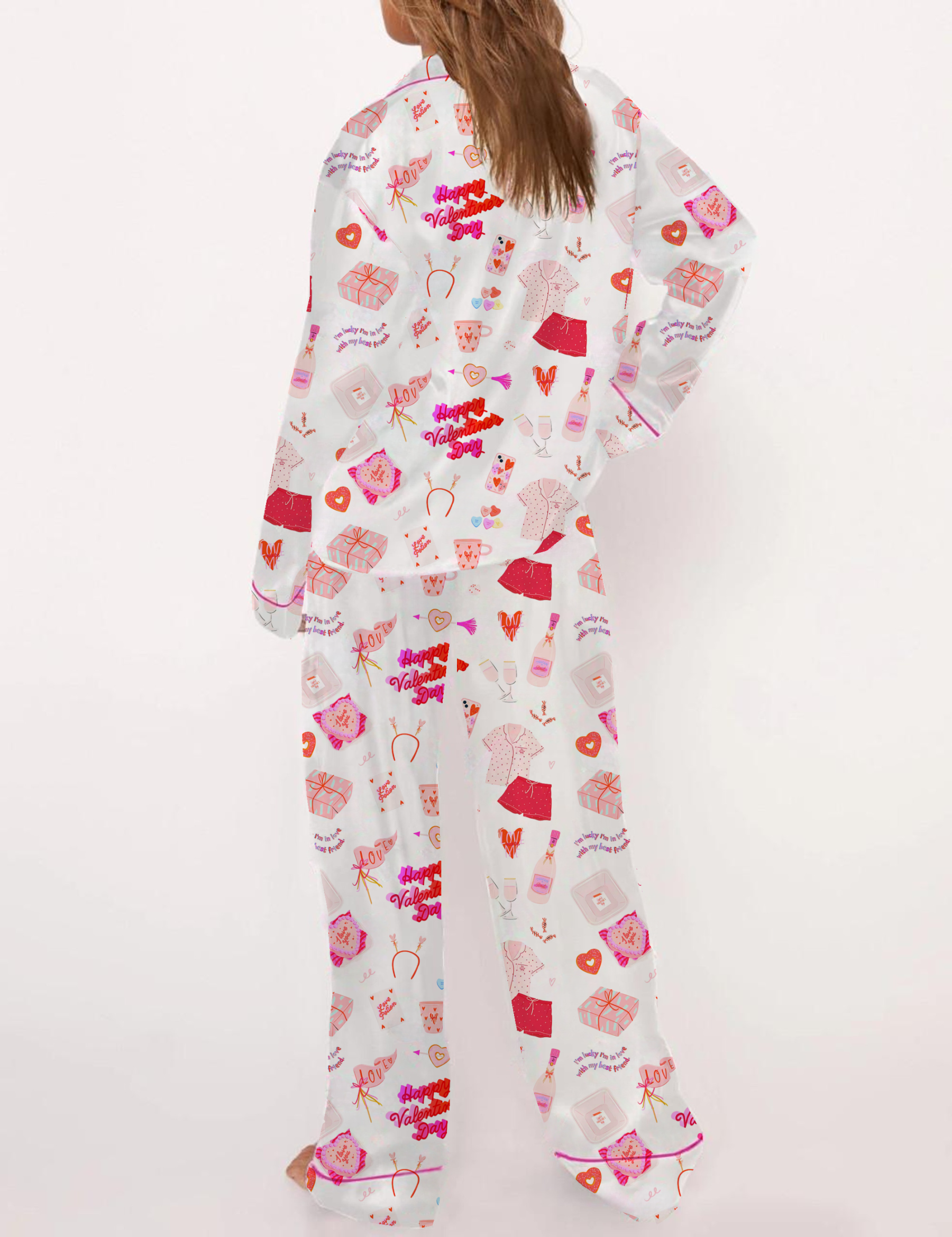 Valentine‘s Day Girl and Love Quotes Silky Satin Pajama Set For Women