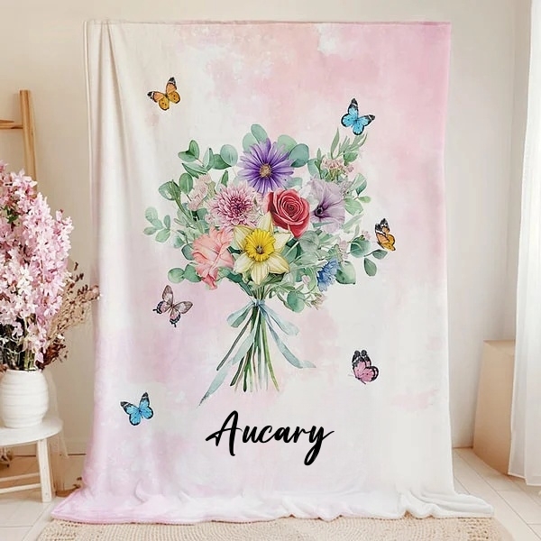 Personalized Watercolor Birth Flower Bouquet Butterfly Soft Throw Blanket with Name Home Decor Birthday Family Gift for Women