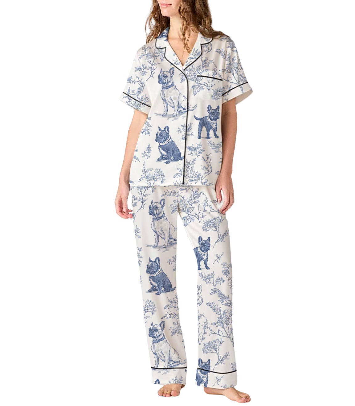 French Bulldogs Silky Satin Pajama Set For Women
