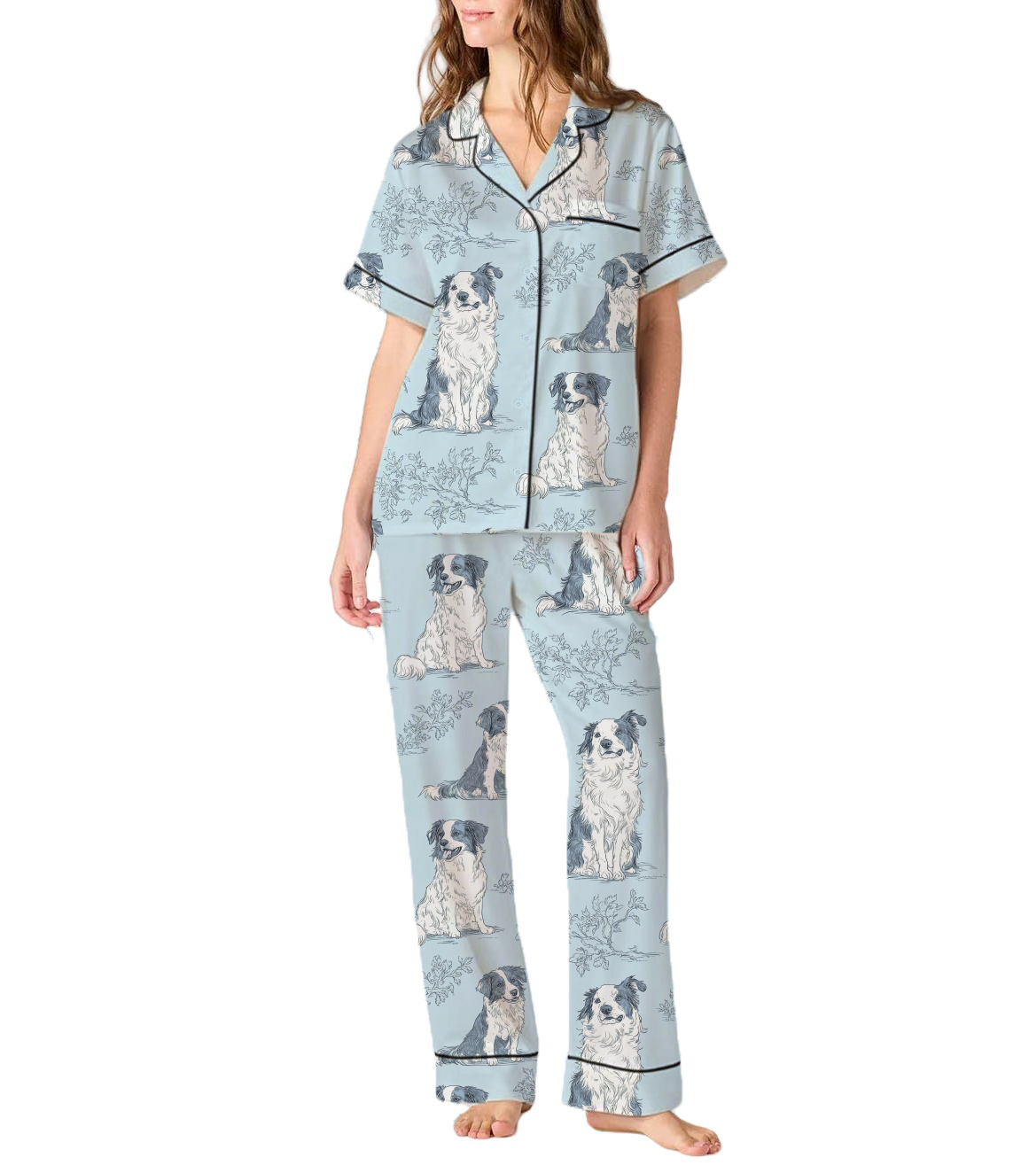 Border Collie Silky Satin Pajama Set For Women