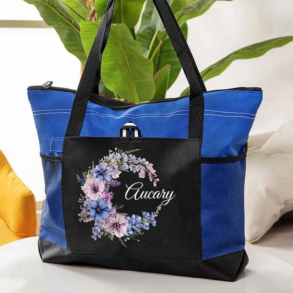 Personalized Birth Flower Wreath Large Tote Bag with Name and Mesh Pockets Travel Essentials Birthday Gift for Women
