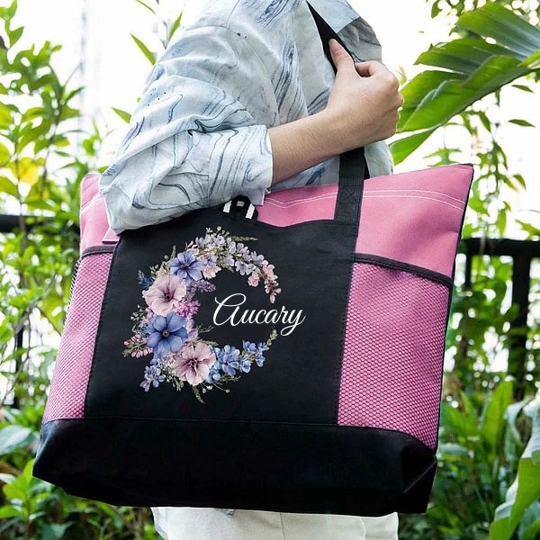 Personalized Birth Flower Wreath Large Tote Bag with Name and Mesh Pockets Travel Essentials Birthday Gift for Women