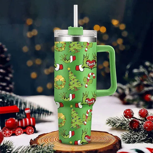 Personalized Funny Green Monster Hand Christmas Tree 40oz Insulated Tumbler with Name and Straw Birthday Christmas Gift for Family Friends
