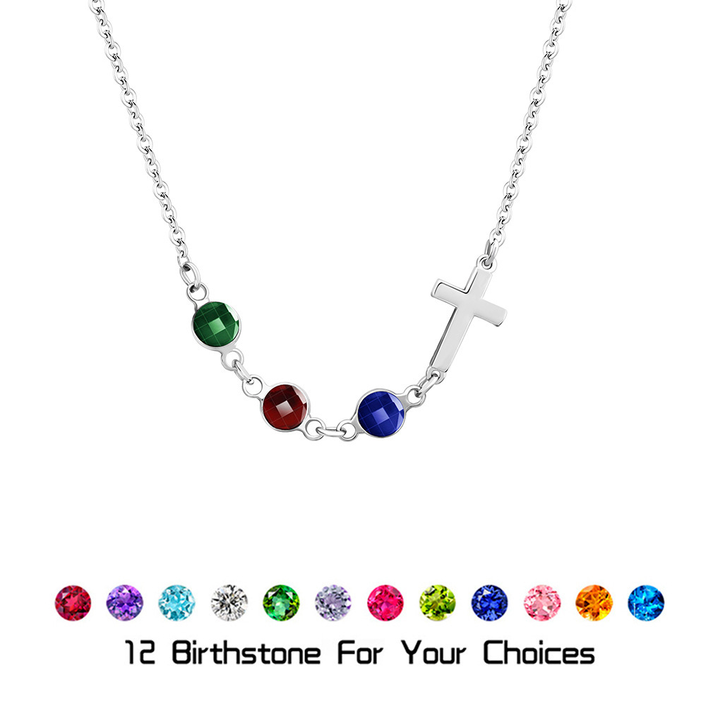 Personalized Multiple Birthstones Sideways Cross Necklace