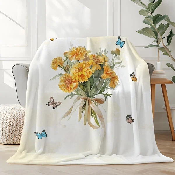 Personalized Watercolor Birth Flower Bouquet Butterfly Soft Throw Blanket with Name Home Decor Birthday Family Gift for Women