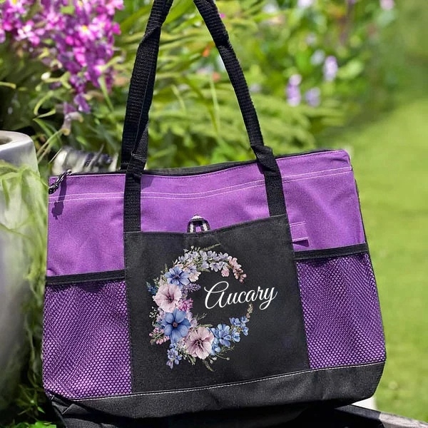 Personalized Birth Flower Wreath Large Tote Bag with Name and Mesh Pockets Travel Essentials Birthday Gift for Women