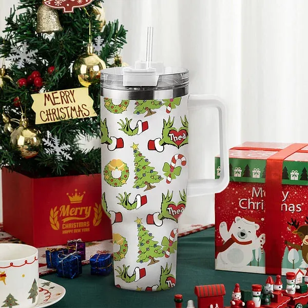 Personalized Funny Green Monster Hand Christmas Tree 40oz Insulated Tumbler with Name and Straw Birthday Christmas Gift for Family Friends