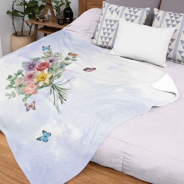 Personalized Watercolor Birth Flower Bouquet Butterfly Soft Throw Blanket with Name Home Decor Birthday Family Gift for Women