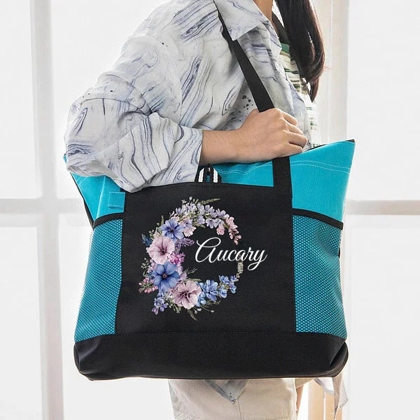 Personalized Birth Flower Wreath Large Tote Bag with Name and Mesh Pockets Travel Essentials Birthday Gift for Women