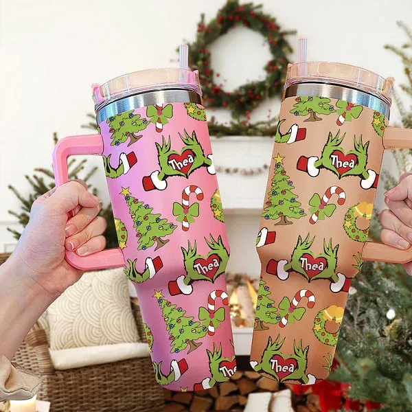 Personalized Funny Green Monster Hand Christmas Tree 40oz Insulated Tumbler with Name and Straw Birthday Christmas Gift for Family Friends