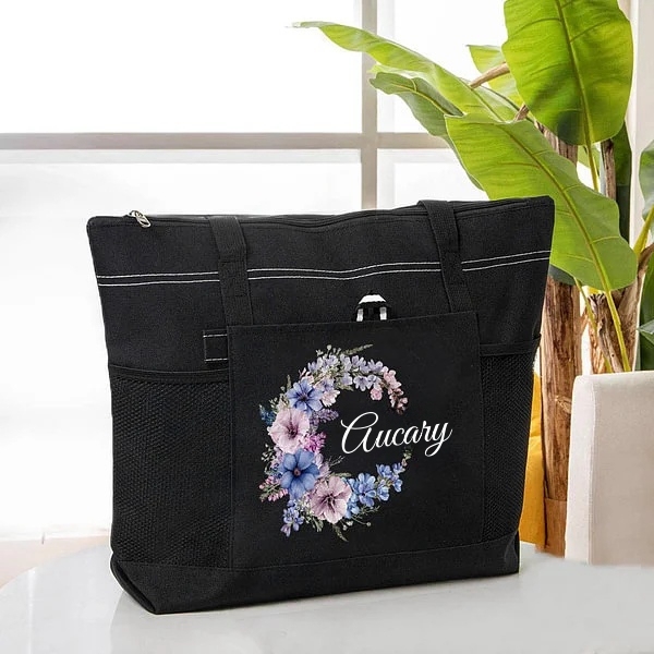 Personalized Birth Flower Wreath Large Tote Bag with Name and Mesh Pockets Travel Essentials Birthday Gift for Women