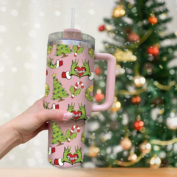 Personalized Funny Green Monster Hand Christmas Tree 40oz Insulated Tumbler with Name and Straw Birthday Christmas Gift for Family Friends
