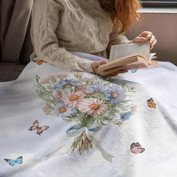 Personalized Watercolor Birth Flower Bouquet Butterfly Soft Throw Blanket with Name Home Decor Birthday Family Gift for Women