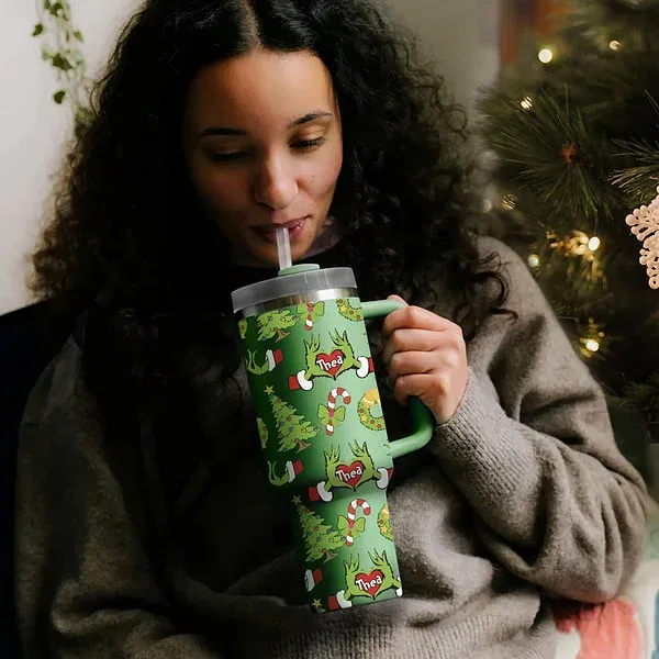 Personalized Funny Green Monster Hand Christmas Tree 40oz Insulated Tumbler with Name and Straw Birthday Christmas Gift for Family Friends