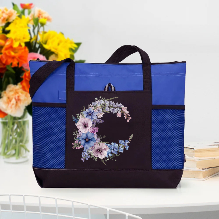 Personalized Birth Flower Wreath Large Tote Bag with Name and Mesh Pockets Travel Essentials Birthday Gift for Women