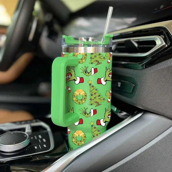 Personalized Funny Green Monster Hand Christmas Tree 40oz Insulated Tumbler with Name and Straw Birthday Christmas Gift for Family Friends