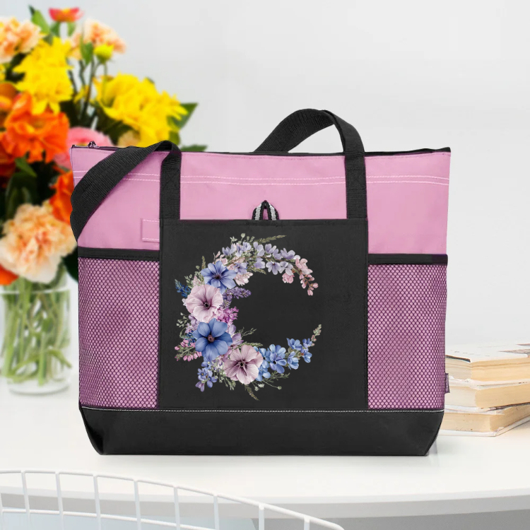 Personalized Birth Flower Wreath Large Tote Bag with Name and Mesh Pockets Travel Essentials Birthday Gift for Women