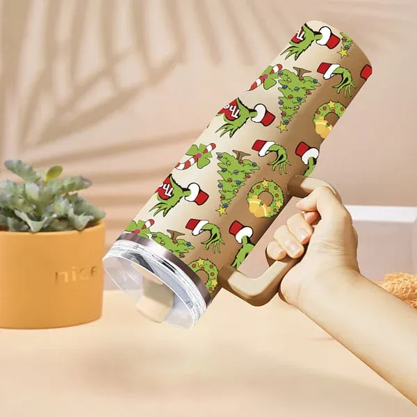Personalized Funny Green Monster Hand Christmas Tree 40oz Insulated Tumbler with Name and Straw Birthday Christmas Gift for Family Friends