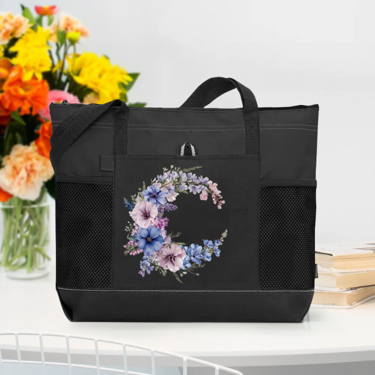 Personalized Birth Flower Wreath Large Tote Bag with Name and Mesh Pockets Travel Essentials Birthday Gift for Women