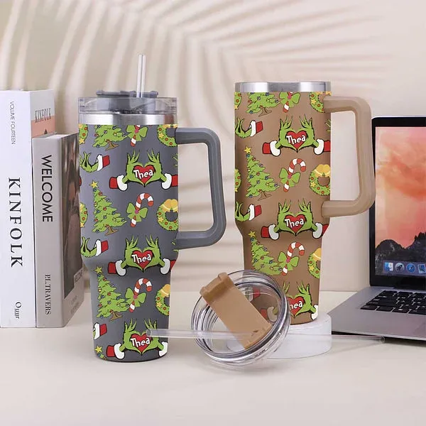 Personalized Funny Green Monster Hand Christmas Tree 40oz Insulated Tumbler with Name and Straw Birthday Christmas Gift for Family Friends