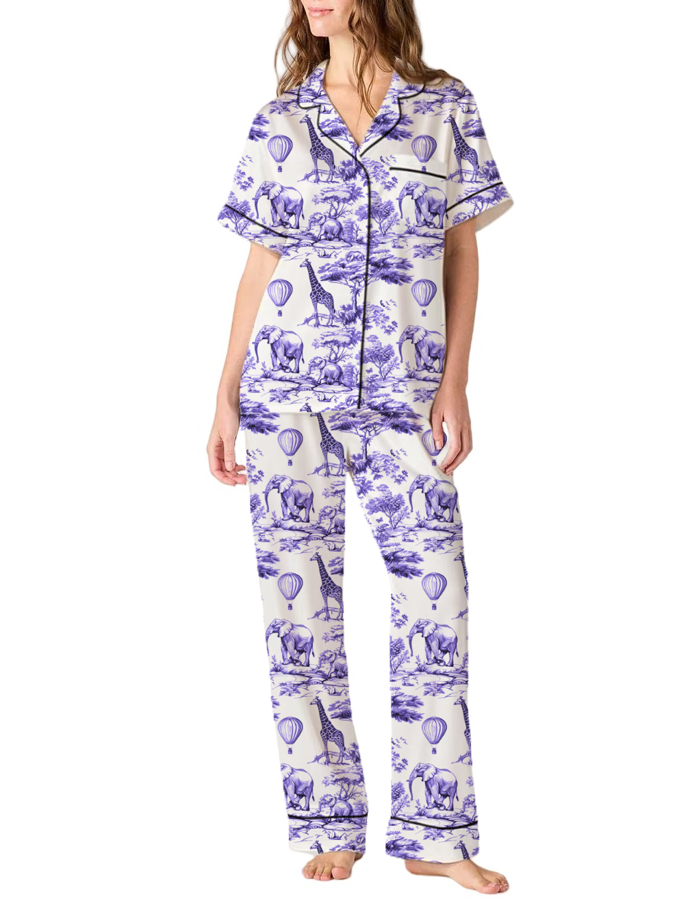 Animal Toile Silky Satin Pajama Pants Set For Women