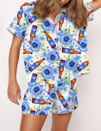 Floral Beer Silky Satin Pajama Short Set For Women