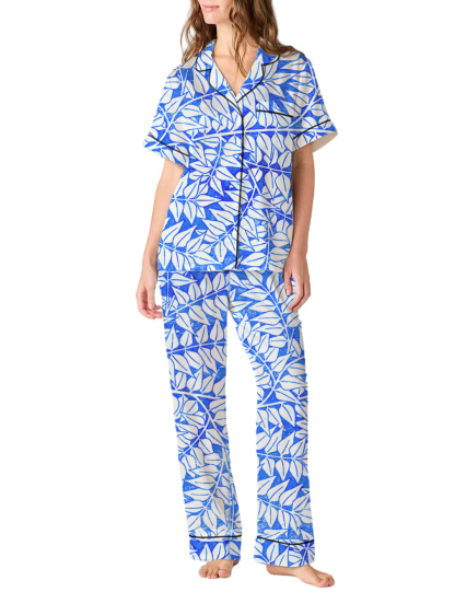 Artistic Leaf Pattern Silky Satin Pajama Pants Set For Women